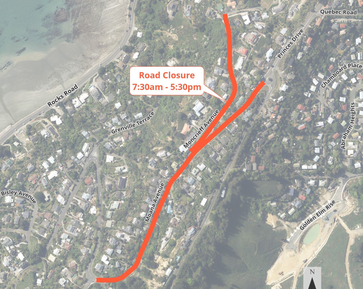 Map Road Closure Moana and Moncrieff Avenues Fulton Hogan 16 Sep 2024