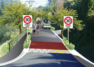 Picture of a street with pedestrians and speed zone signs. 